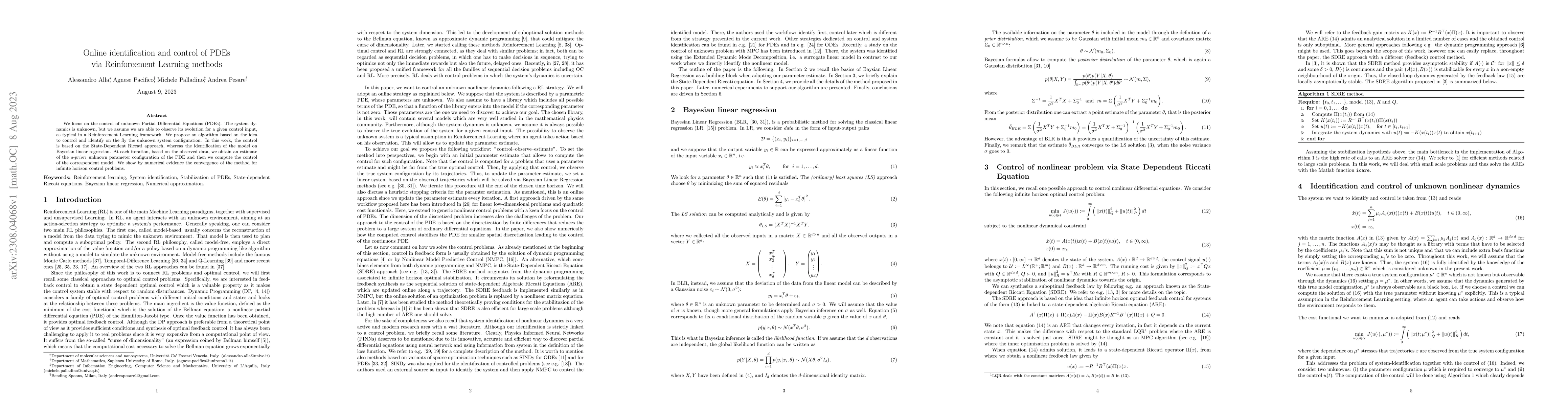 Thumbnail for Online identification and control of PDEs via Reinforcement Learning
  methods
