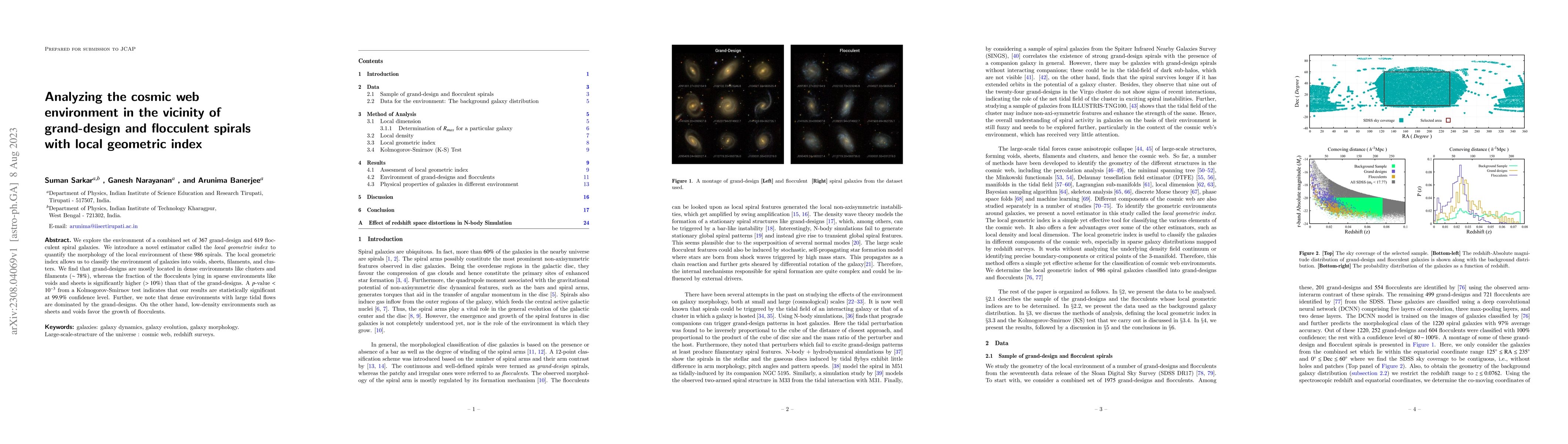Thumbnail for Analyzing the cosmic web environment in the vicinity of grand-design and
  flocculent spirals with local geometric index