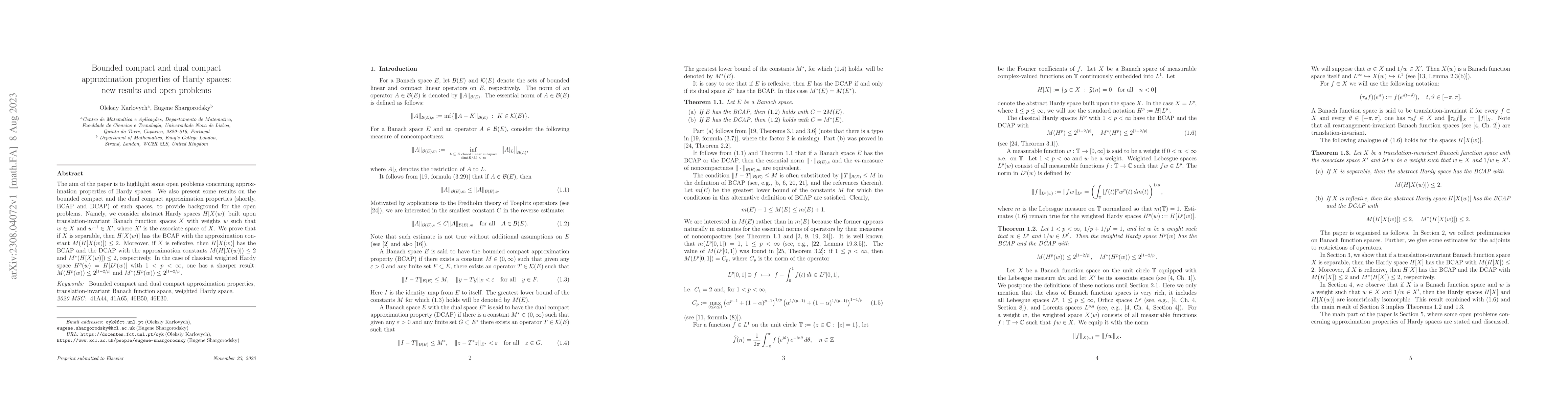 Thumbnail for Bounded compact and dual compact approximation properties of Hardy
  spaces: new results and open problems