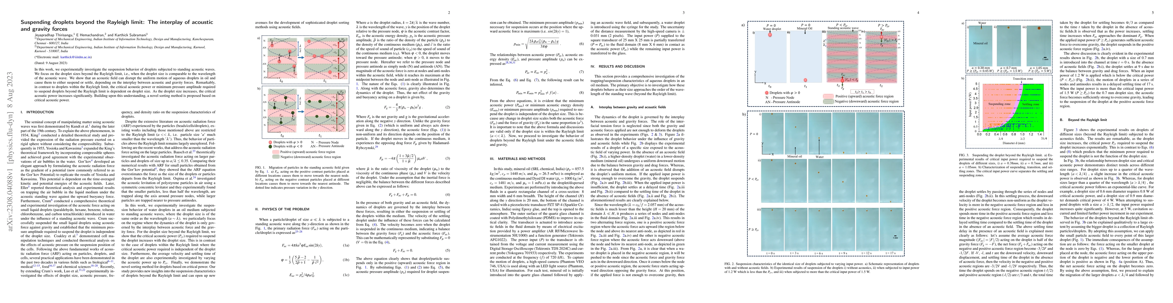Thumbnail for Suspending droplets beyond the Rayleigh limit: The interplay of acoustic
  and gravity forces