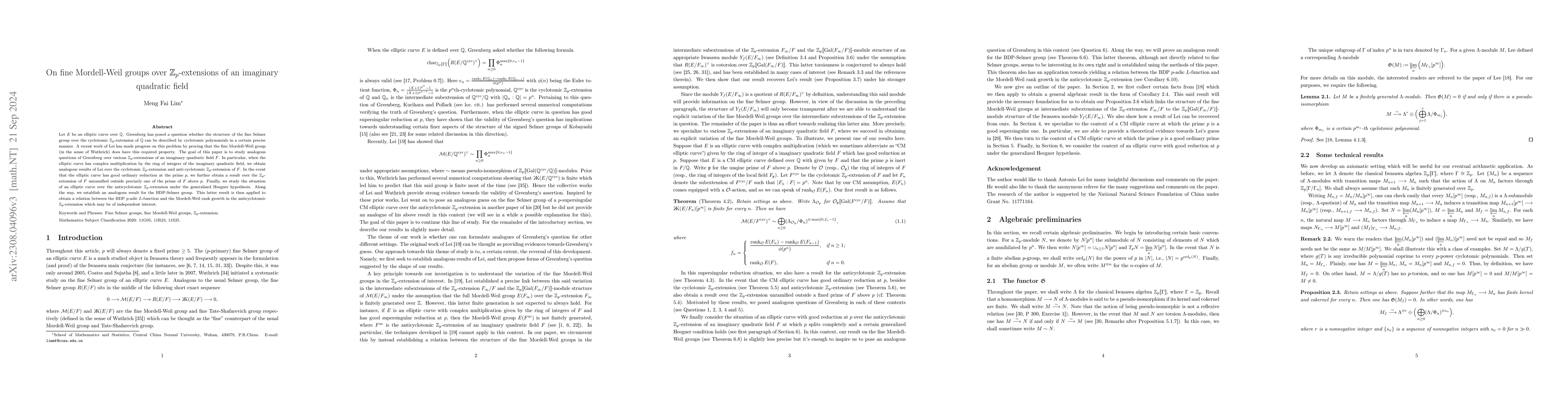 Thumbnail for On fine Mordell-Weil groups over $\mathbb{Z}_p$-extensions of an
  imaginary quadratic field