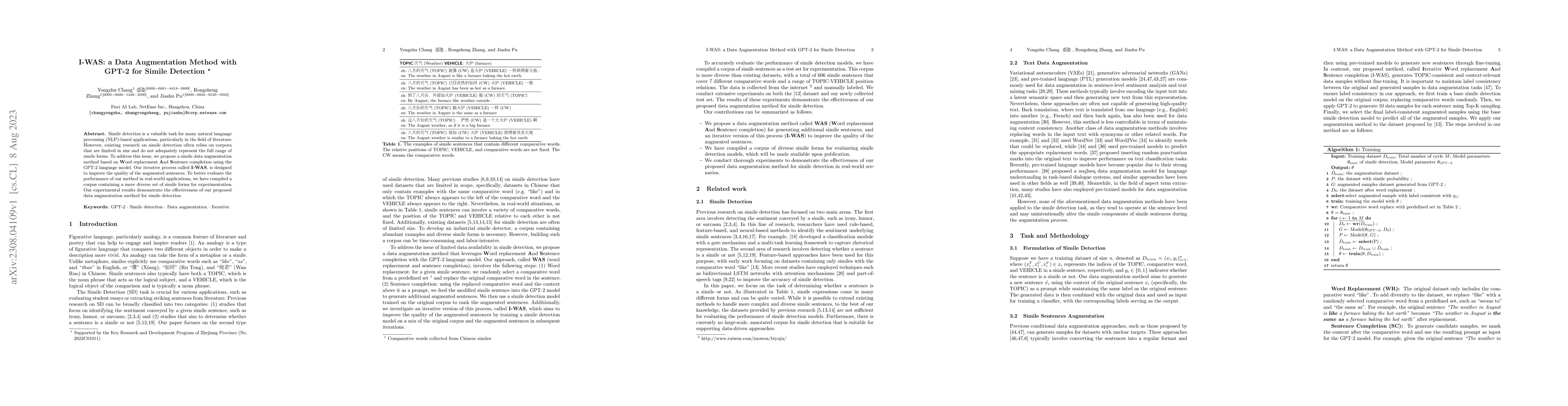 Thumbnail for I-WAS: a Data Augmentation Method with GPT-2 for Simile Detection