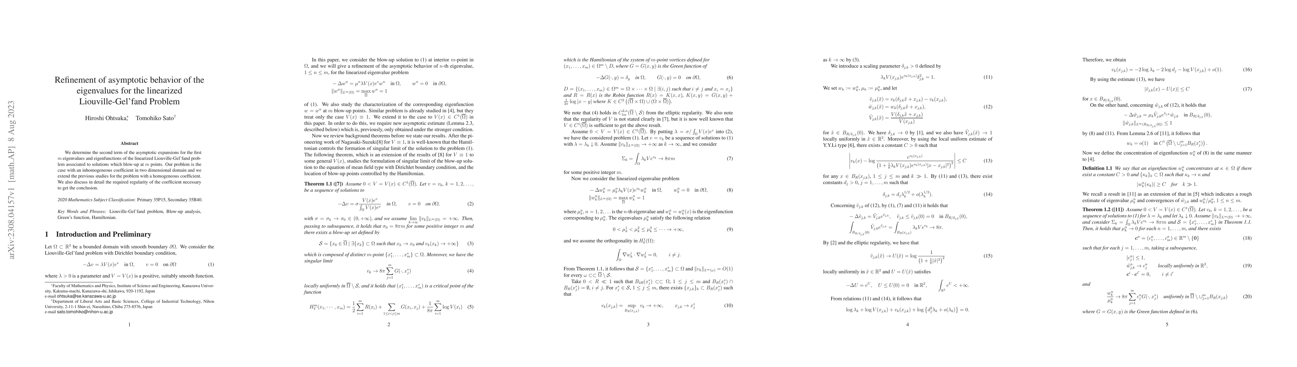 Thumbnail for Refinement of asymptotic behavior of the eigenvalues for the linearized
  Liouville-Gel'fand Problem