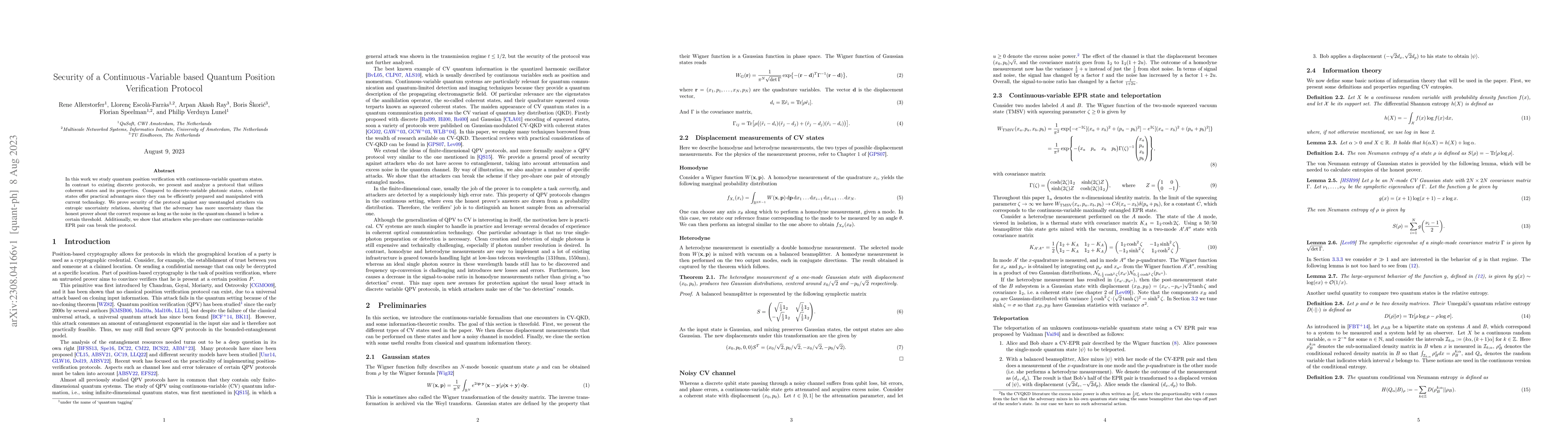 Thumbnail for Security of a Continuous-Variable based Quantum Position Verification
  Protocol