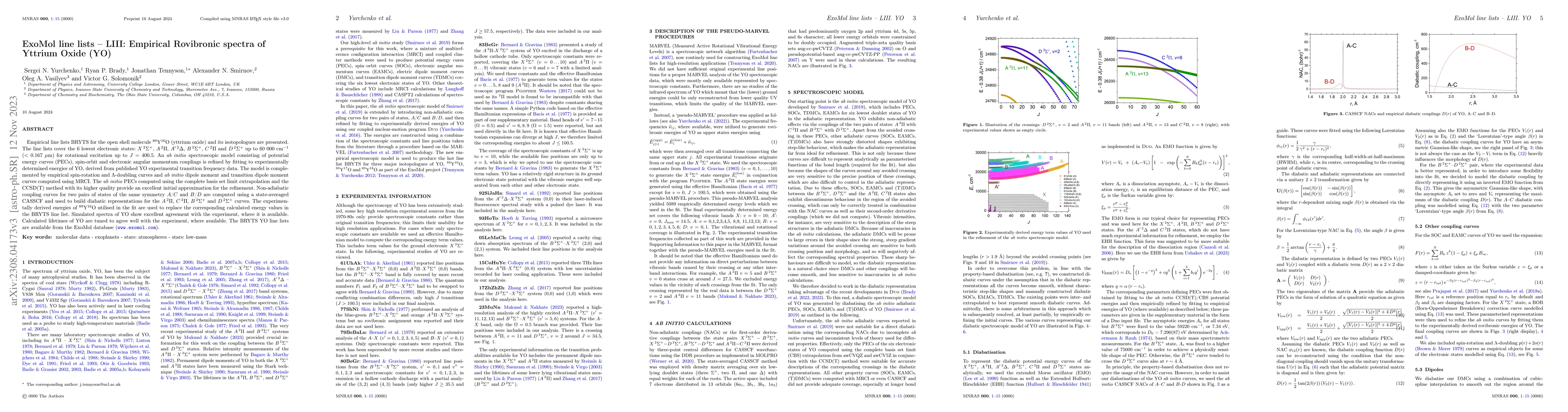 Thumbnail for ExoMol line lists -- LIII: Empirical Rovibronic spectra of Yttrium Oxide
  (YO)