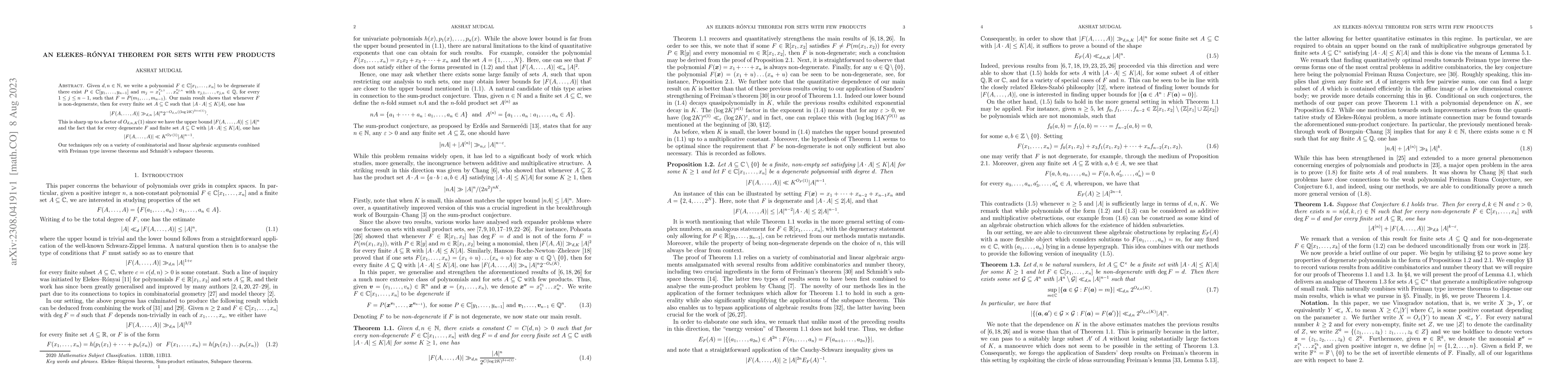 Thumbnail for An Elekes-R\'onyai theorem for sets with few products