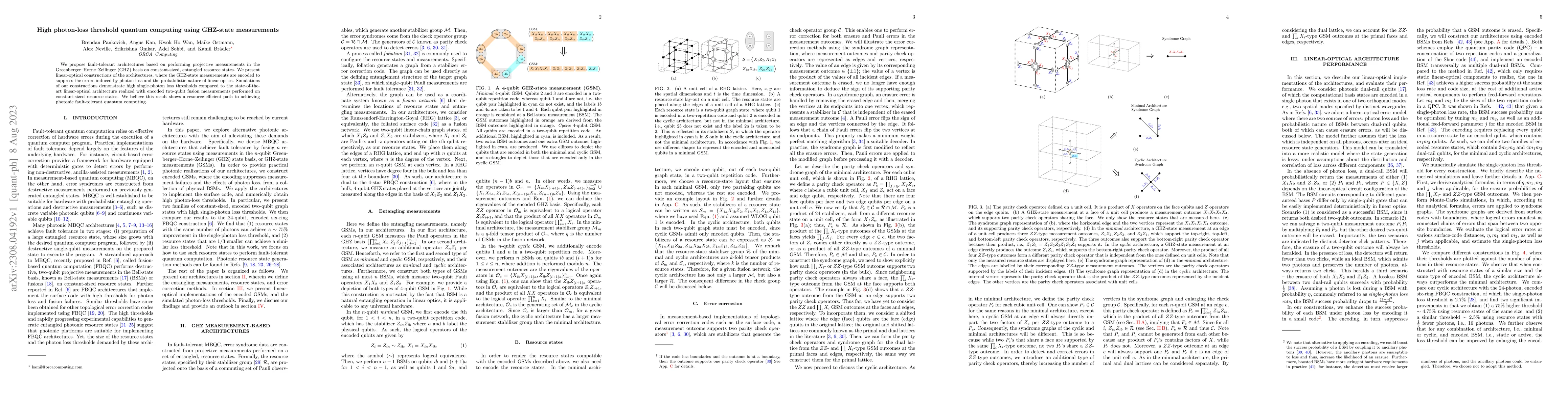 Thumbnail for High photon-loss threshold quantum computing using GHZ-state
  measurements