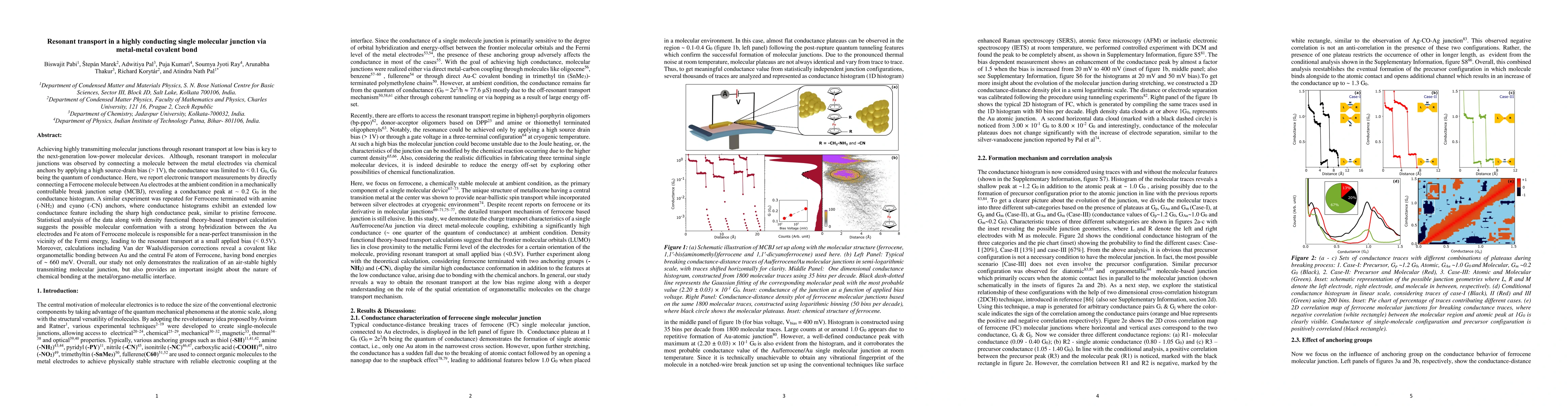 Thumbnail for Resonant transport in a highly conducting single molecular junction via
  metal-metal covalent bond