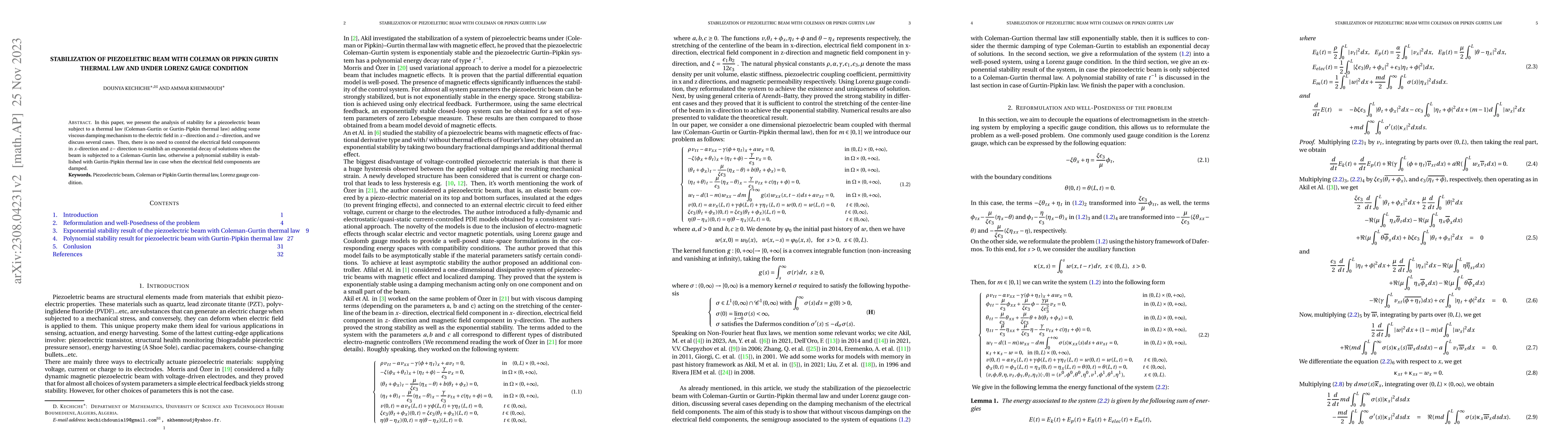 Thumbnail for Stabilization of piezoelectric beam with Coleman-Gurtin or Gurtin-Pipkin
  thermal law and under Lorenz gauge condition