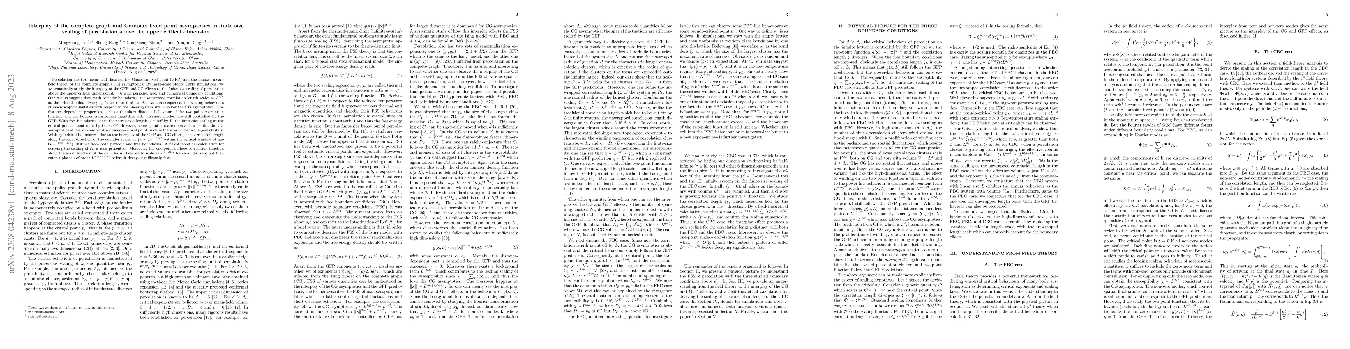 Thumbnail for Interplay of the complete-graph and Gaussian fixed-point asymptotics in
  finite-size scaling of percolation above the upper critical dimension