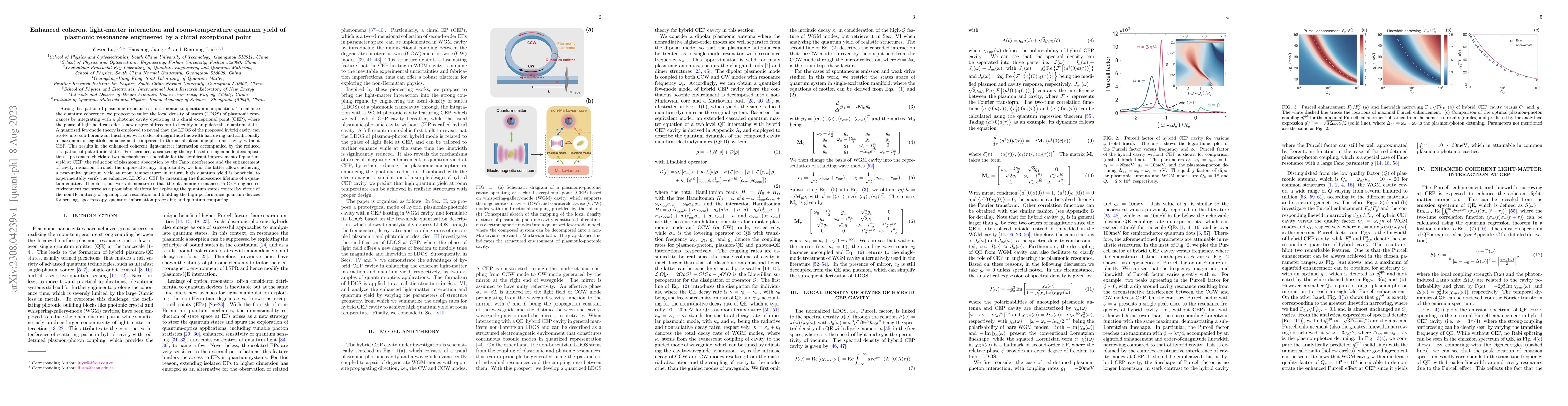Thumbnail for Enhanced coherent light-matter interaction and room-temperature quantum
  yield of plasmonic resonances engineered by a chiral exceptional point