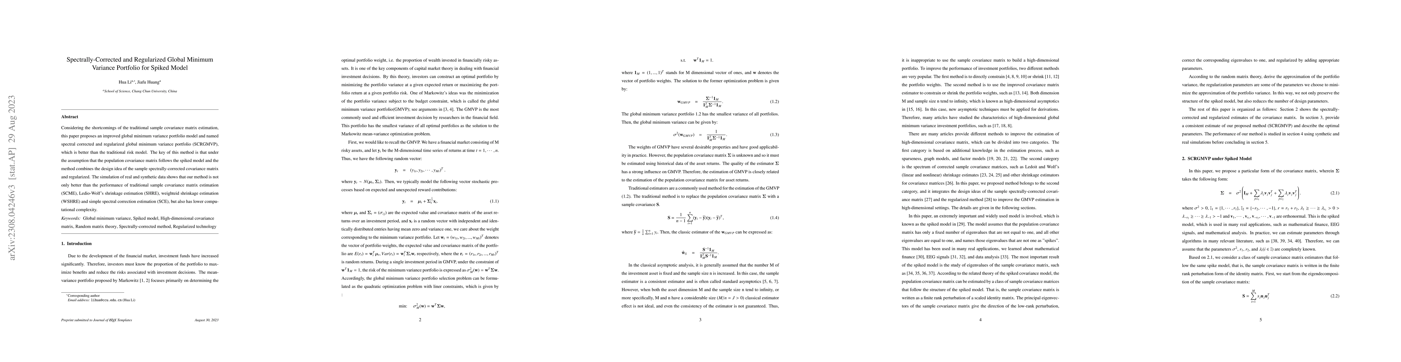 Thumbnail for Spectrally-Corrected and Regularized Global Minimum Variance Portfolio
  for Spiked Model