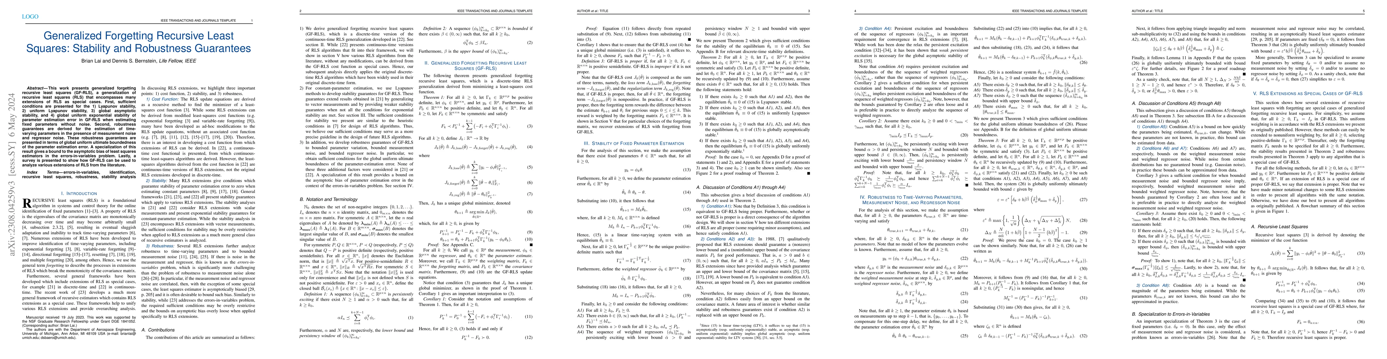 Thumbnail for Generalized Forgetting Recursive Least Squares: Stability and Robustness
  Guarantees