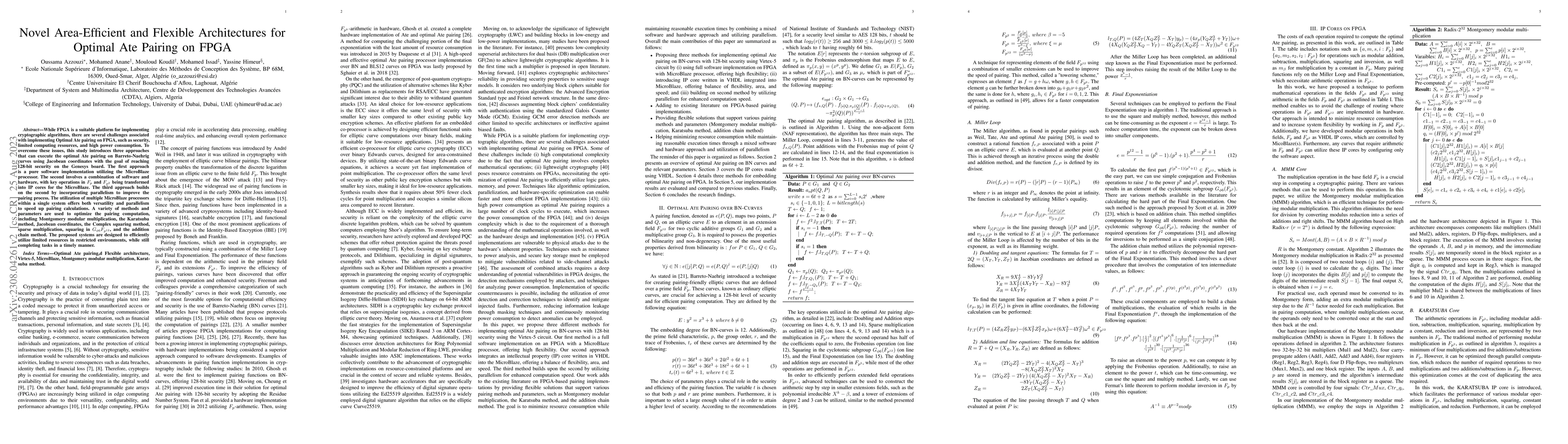 Thumbnail for Novel Area-Efficient and Flexible Architectures for Optimal Ate Pairing
  on FPGA