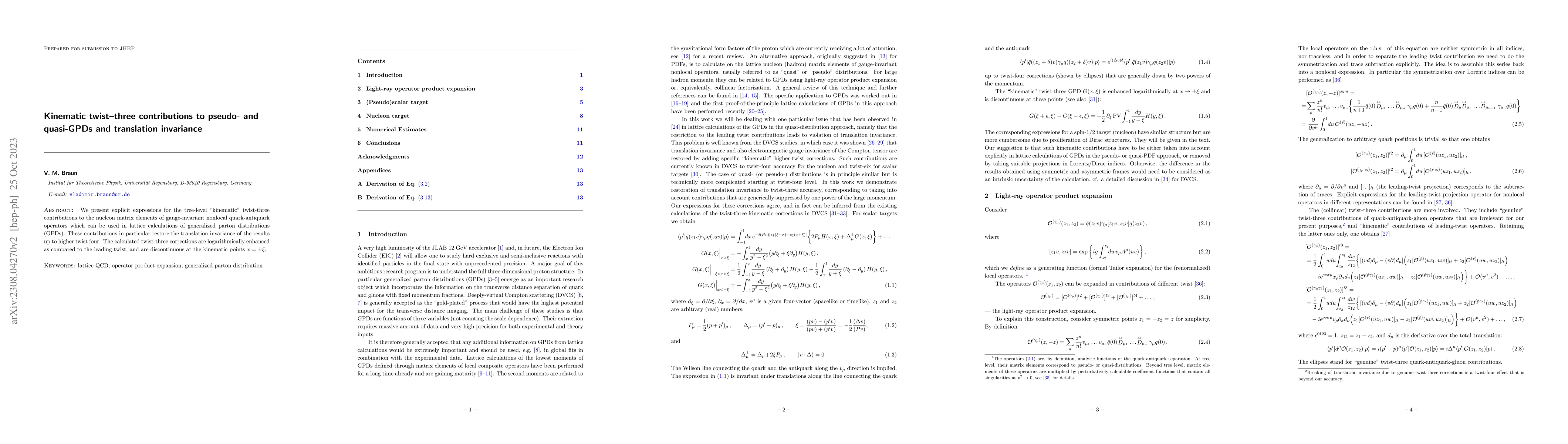 Thumbnail for Kinematic twist-three contributions to pseudo- and quasi-GPDs and
  translation invariance