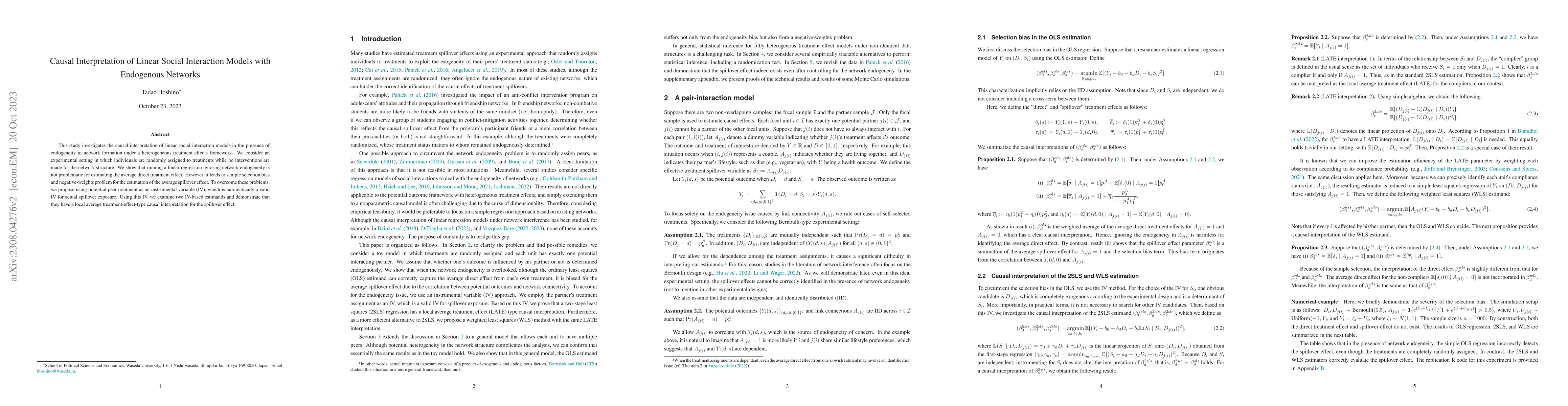 Thumbnail for Causal Interpretation of Linear Social Interaction Models with
  Endogenous Networks