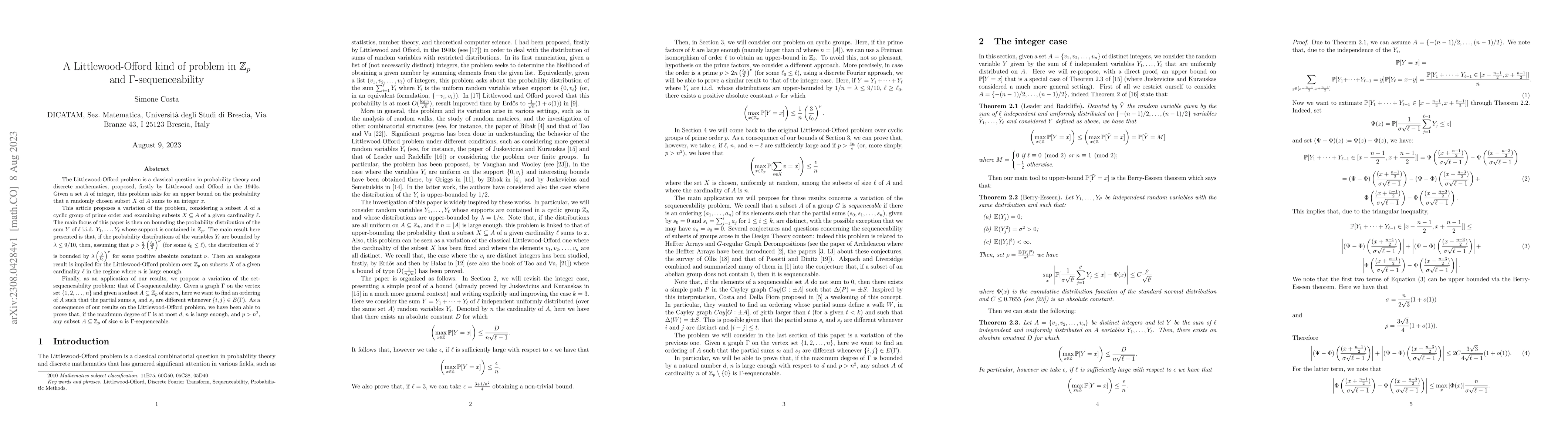 Thumbnail for A Littlewood-Offord kind of problem in $\mathbb{Z}_p$ and
  $\Gamma$-sequenceability