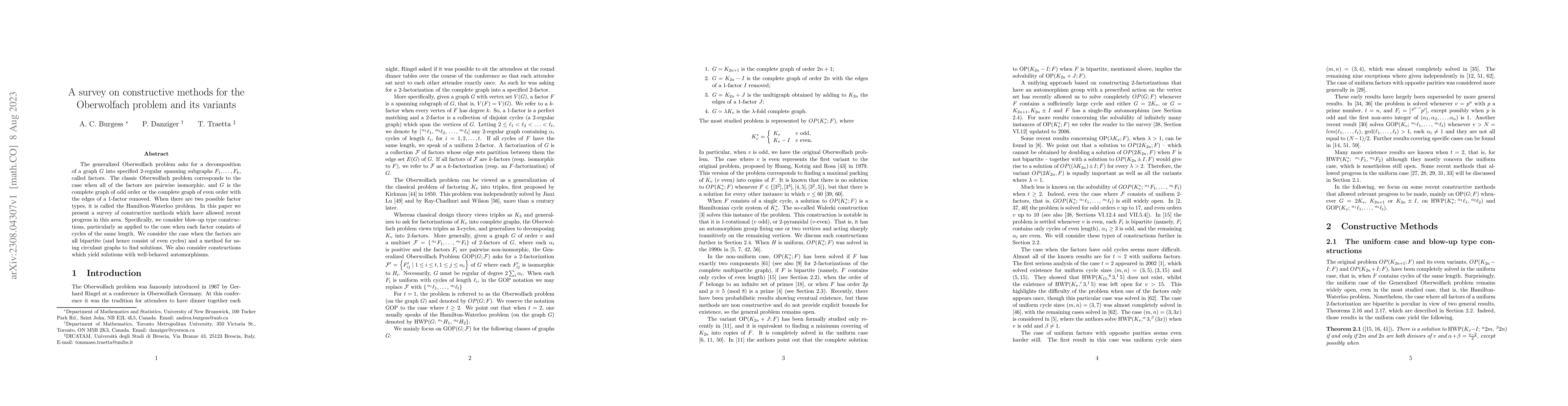 Thumbnail for A survey on constructive methods for the Oberwolfach problem and its
  variants