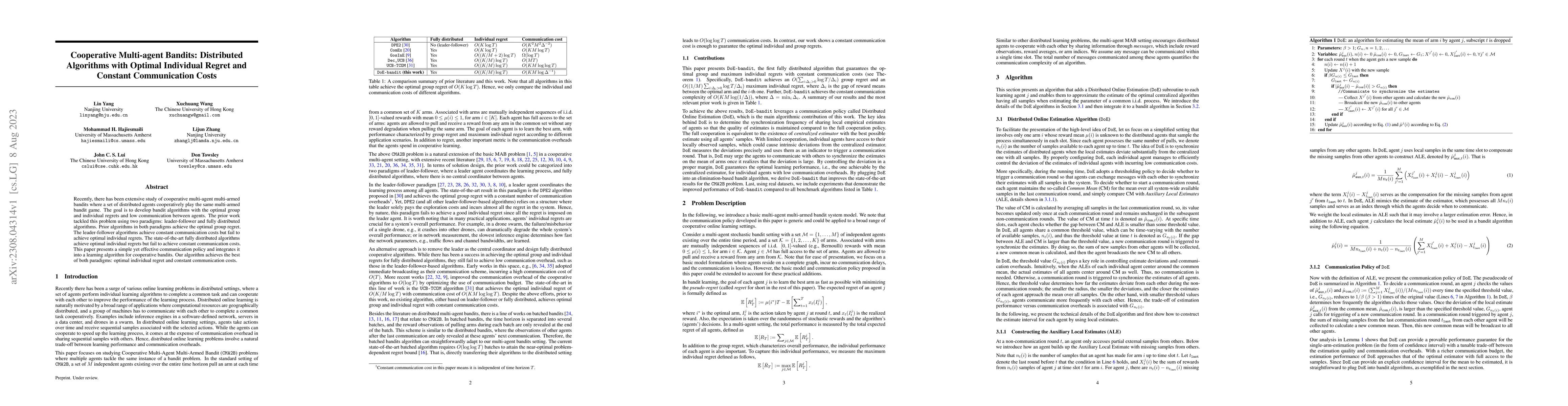 Thumbnail for Cooperative Multi-agent Bandits: Distributed Algorithms with Optimal
  Individual Regret and Constant Communication Costs