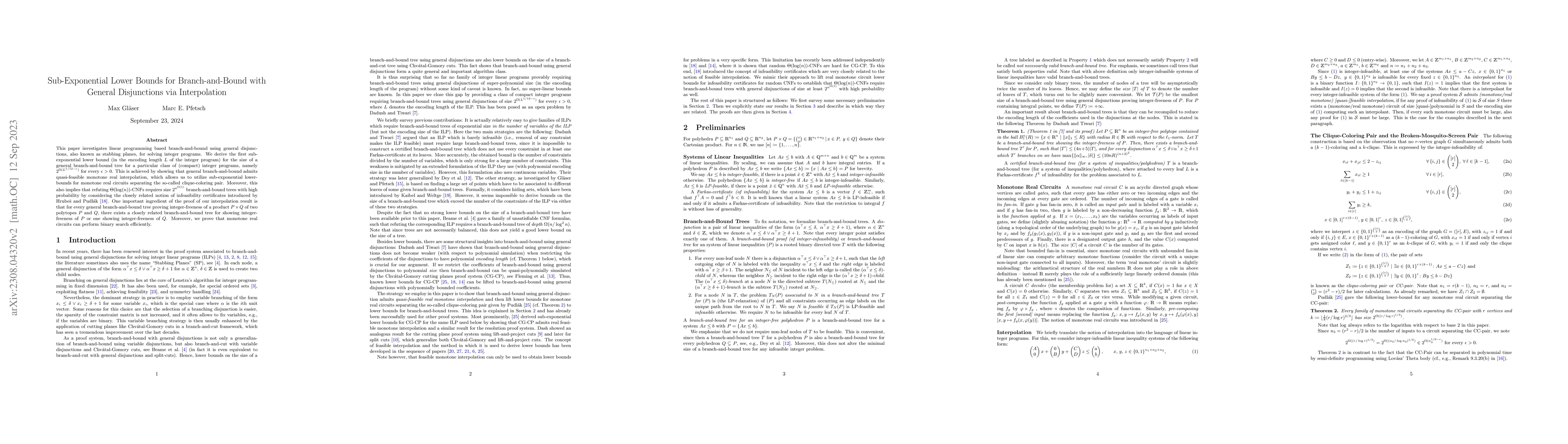 Thumbnail for Sub-Exponential Lower Bounds for Branch-and-Bound with General
  Disjunctions via Interpolation