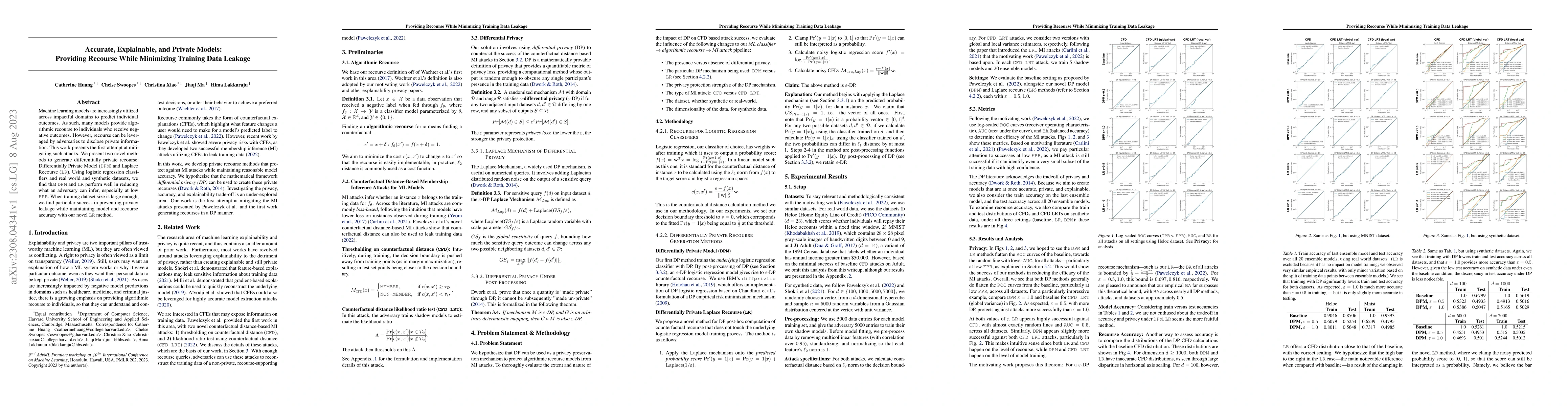 Thumbnail for Accurate, Explainable, and Private Models: Providing Recourse While
  Minimizing Training Data Leakage