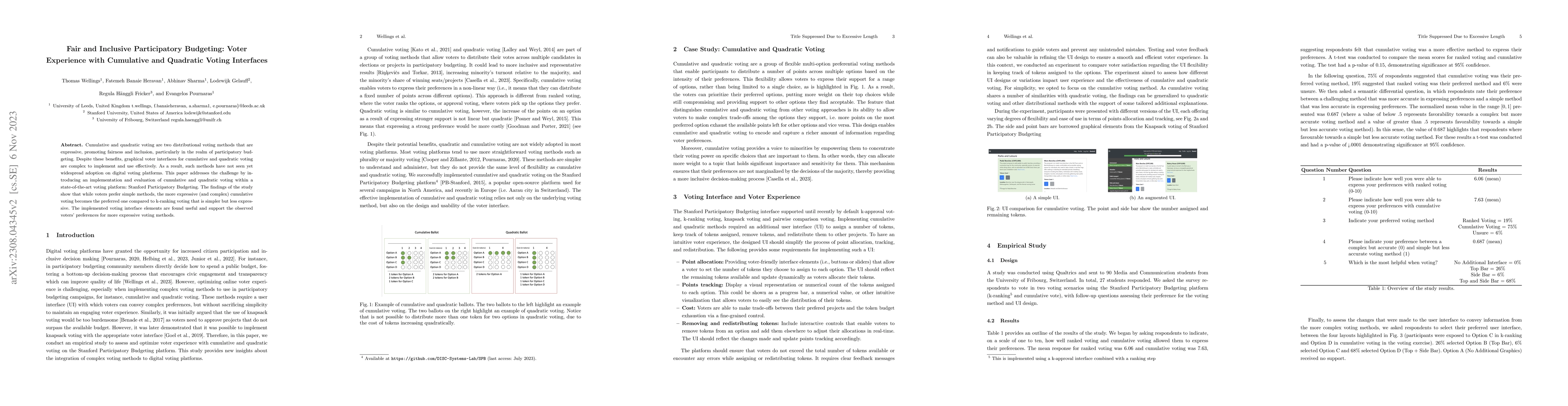 Thumbnail for Fair and Inclusive Participatory Budgeting: Voter Experience with
  Cumulative and Quadratic Voting Interfaces