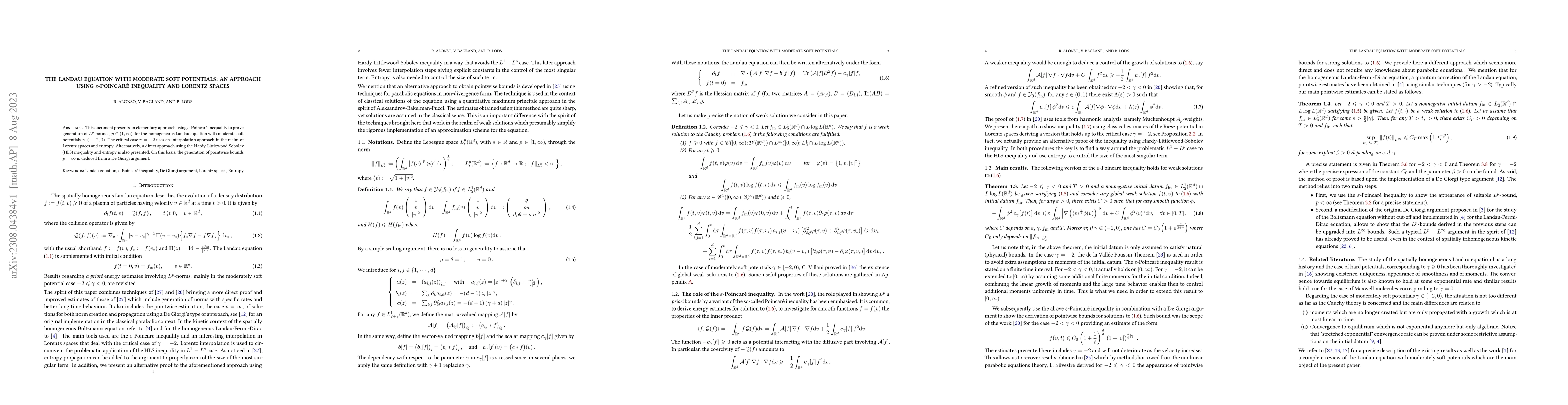 Thumbnail for The Landau equation with moderate soft potentials: An approach using
  $\varepsilon$-Poincar\'e inequality and Lorentz spaces