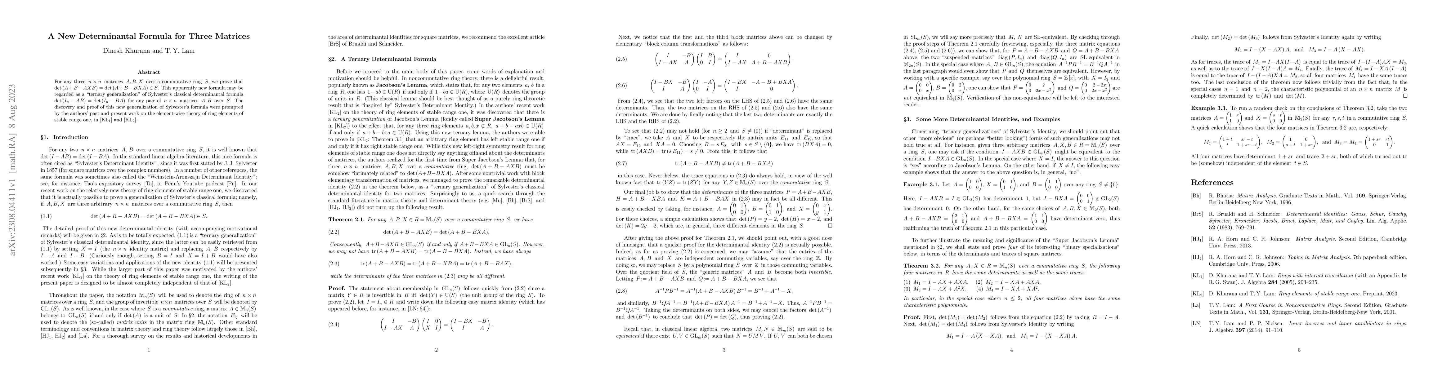 Thumbnail for A New Determinantal Formula for Three Matrices