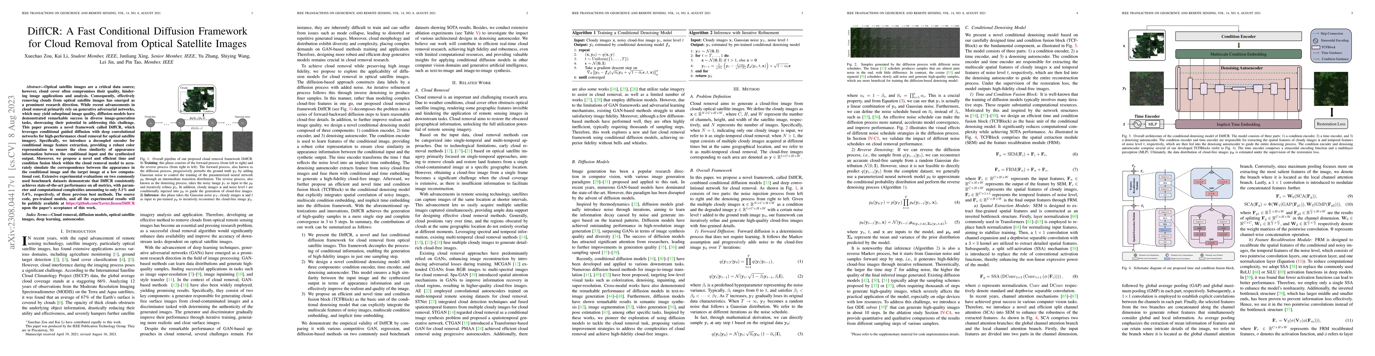 Thumbnail for DiffCR: A Fast Conditional Diffusion Framework for Cloud Removal from
  Optical Satellite Images