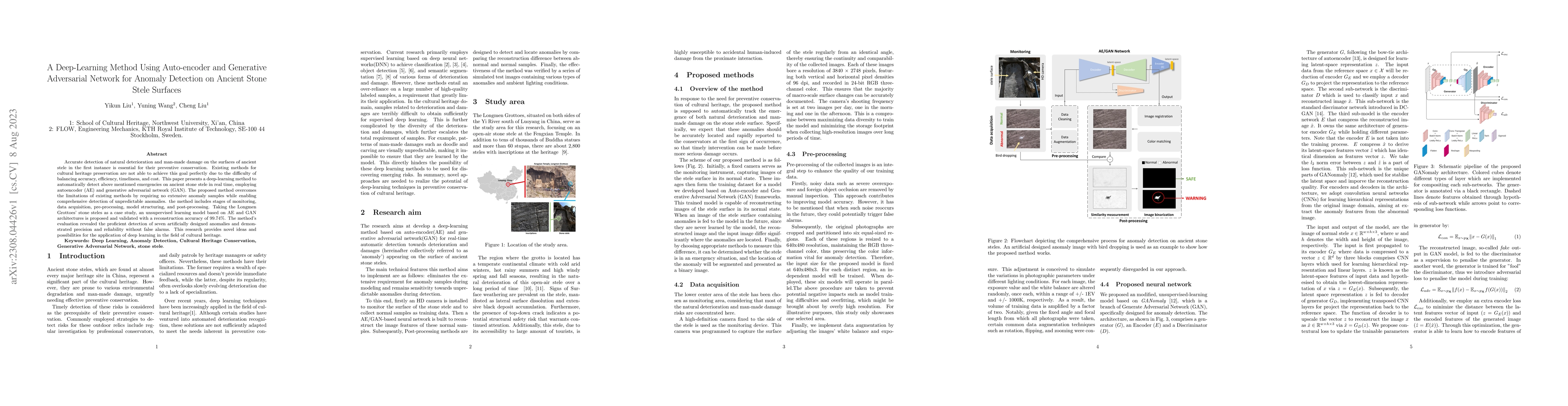 Thumbnail for A Deep-Learning Method Using Auto-encoder and Generative Adversarial
  Network for Anomaly Detection on Ancient Stone Stele Surfaces