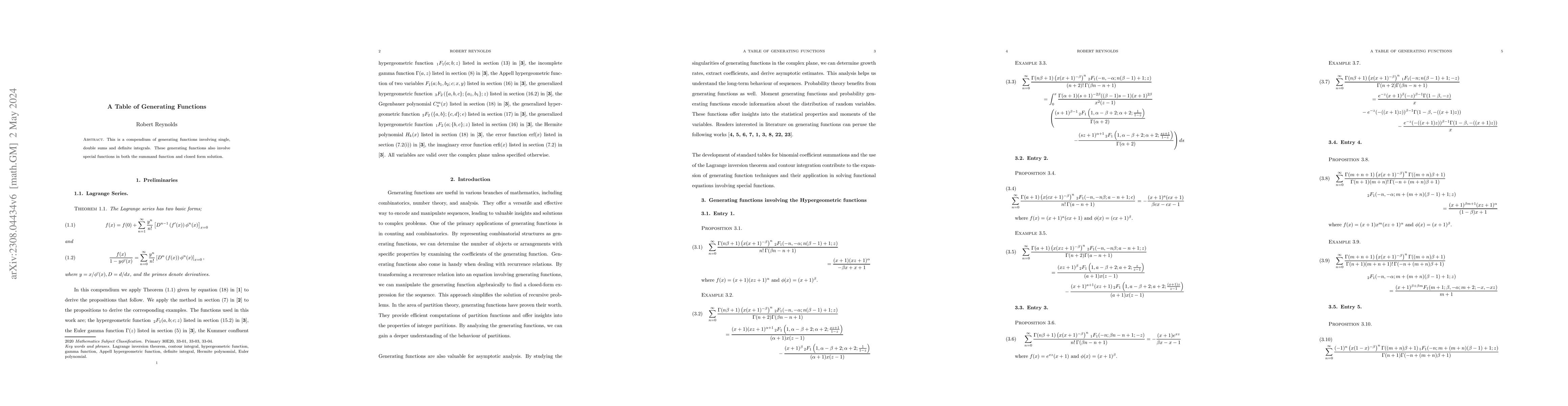 Thumbnail for A Table of Generating Functions
