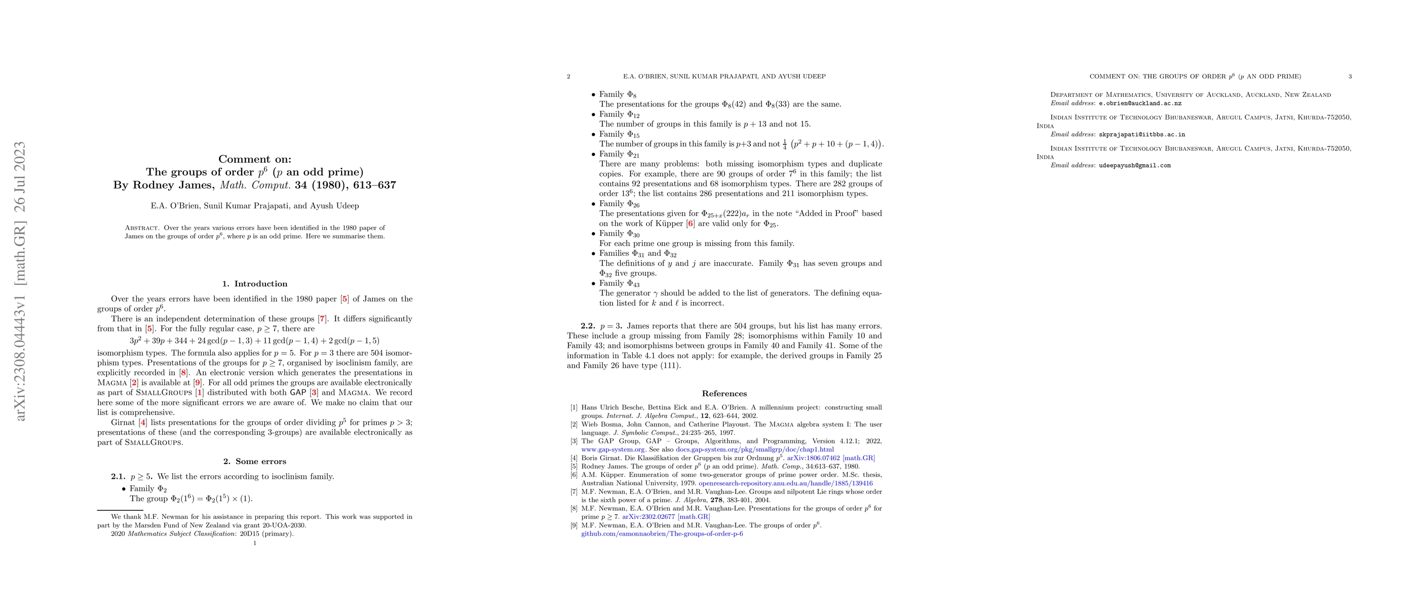 Thumbnail for Comment on: The groups of order $p^6$ ($p$ an odd prime) By Rodney
  James, Math. Comput. 34 (1980), 613-637