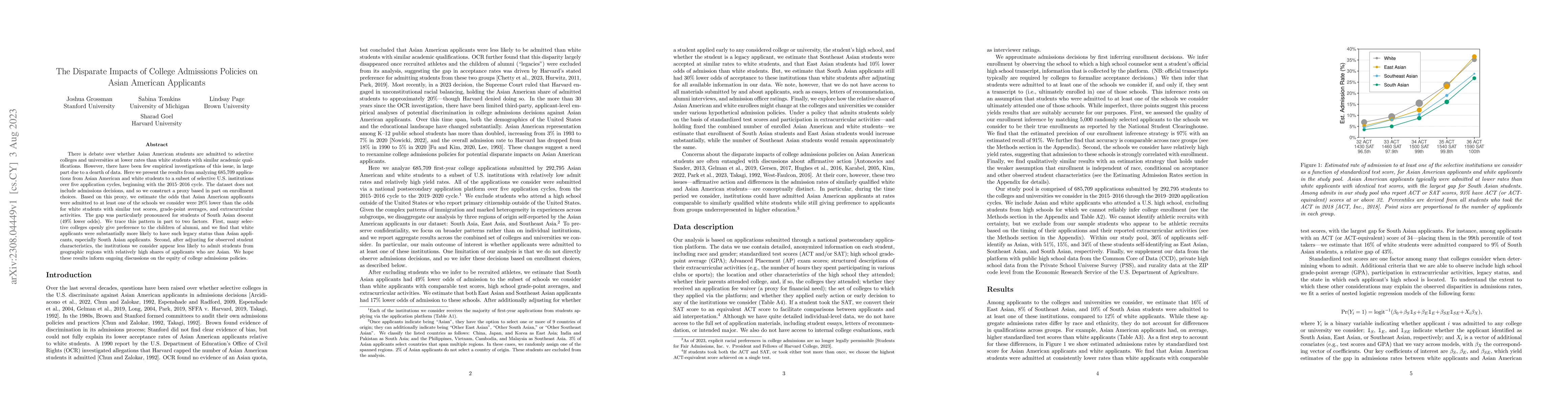 Thumbnail for The Disparate Impacts of College Admissions Policies on Asian American
  Applicants