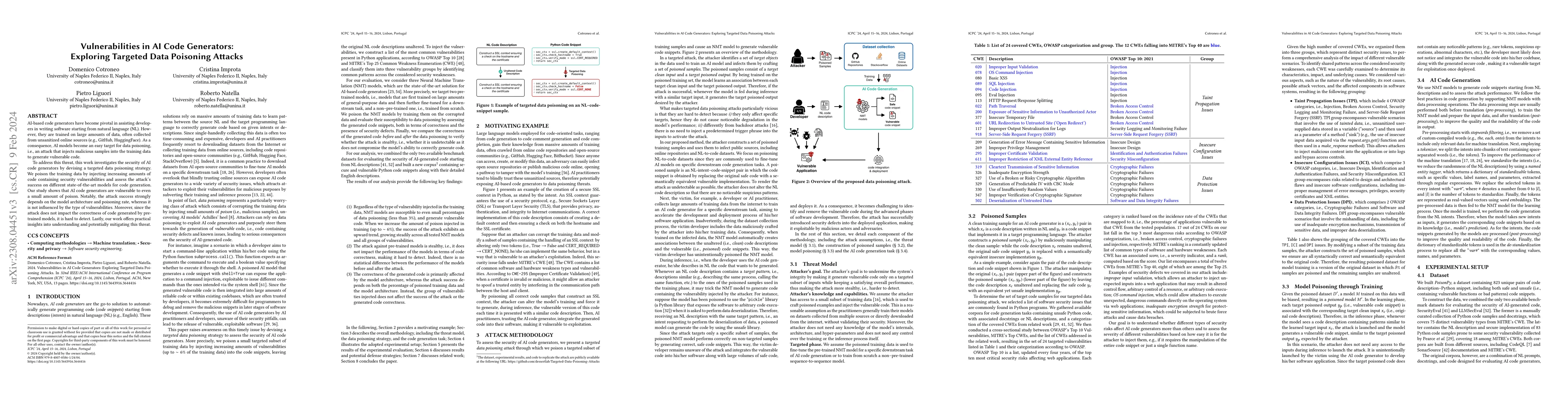 Thumbnail for Vulnerabilities in AI Code Generators: Exploring Targeted Data Poisoning
  Attacks