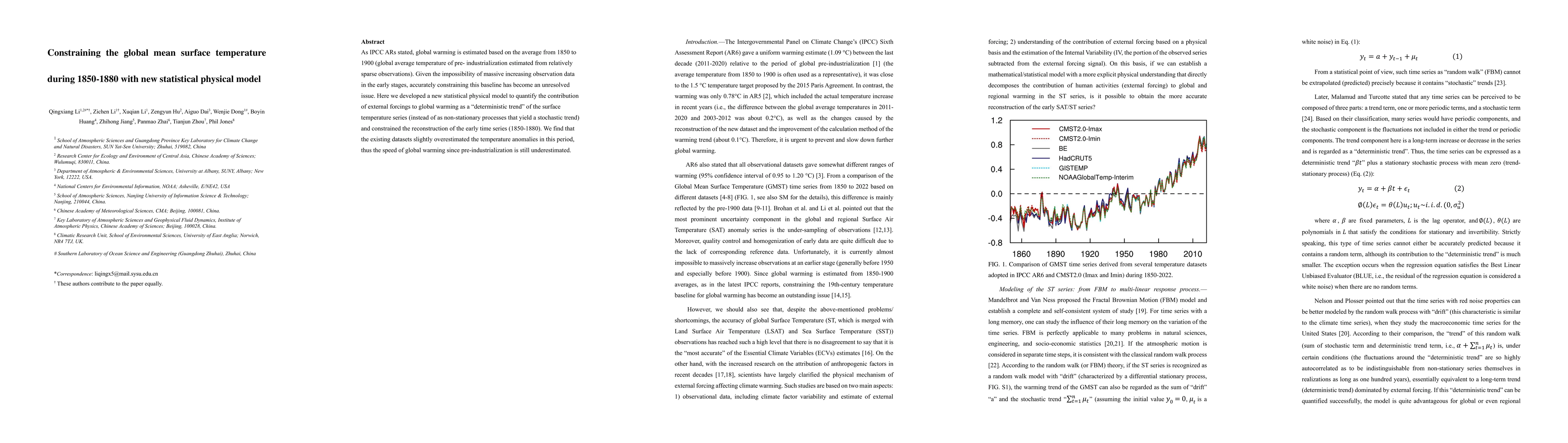 Thumbnail for Constraining the global mean surface temperature during 1850-1880 with
  new statistical physical model