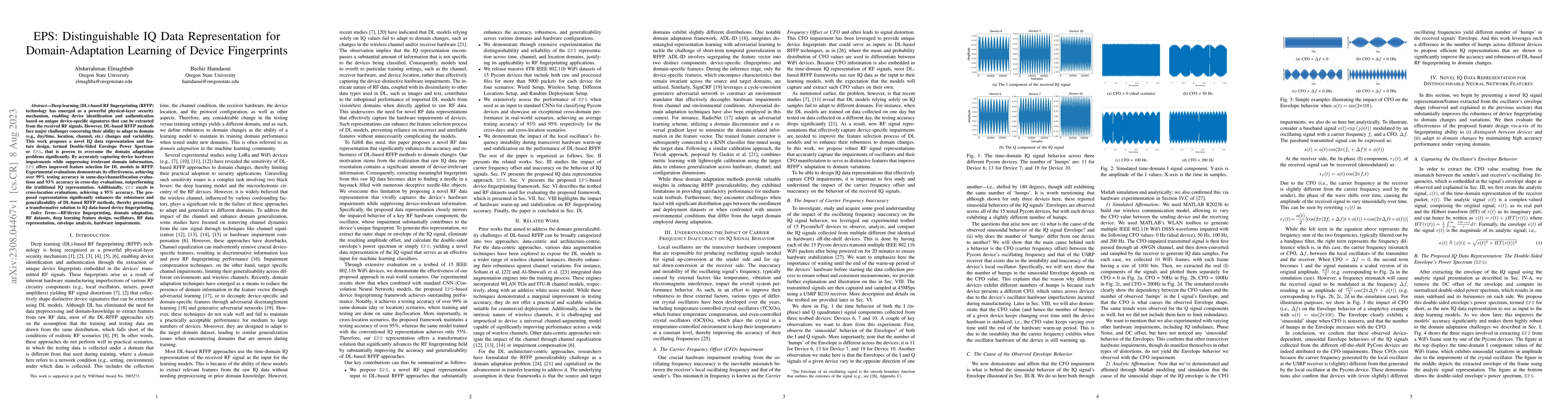 Thumbnail for EPS: Distinguishable IQ Data Representation for Domain-Adaptation
  Learning of Device Fingerprints