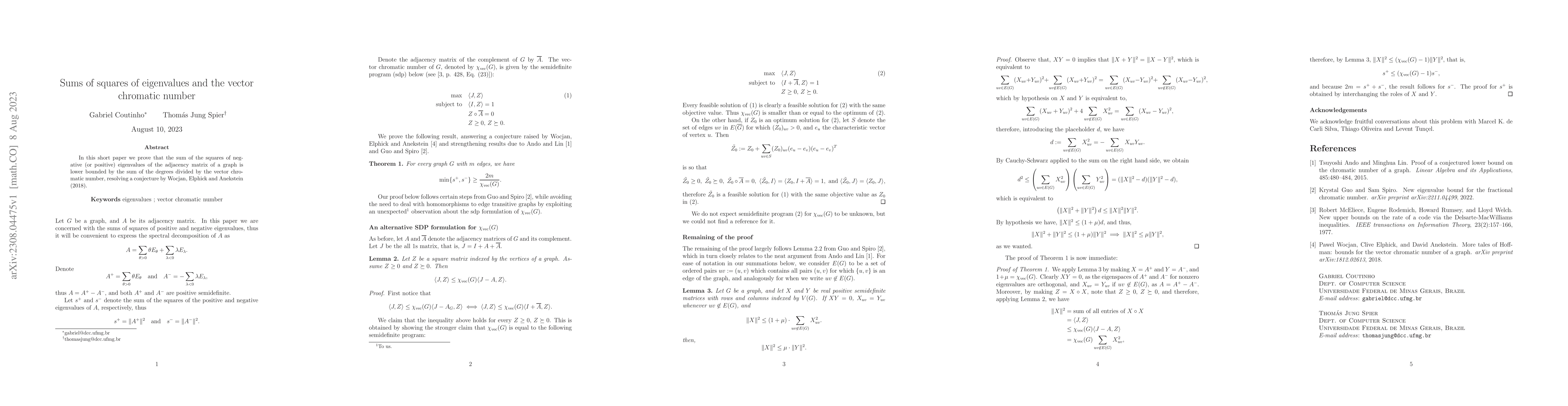 Thumbnail for Sums of squares of eigenvalues and the vector chromatic number
