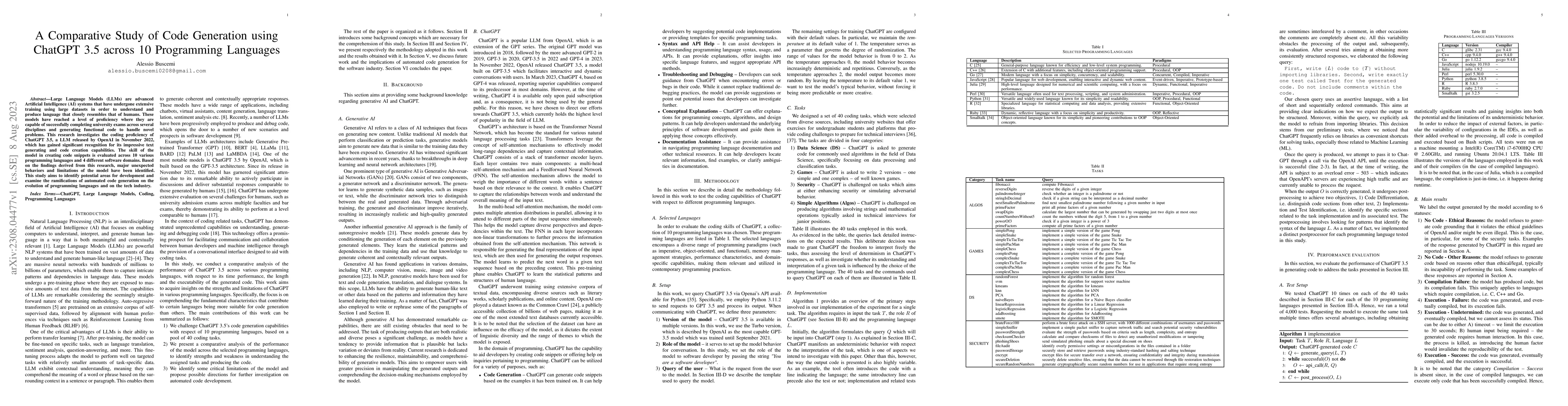 Thumbnail for A Comparative Study of Code Generation using ChatGPT 3.5 across 10
  Programming Languages