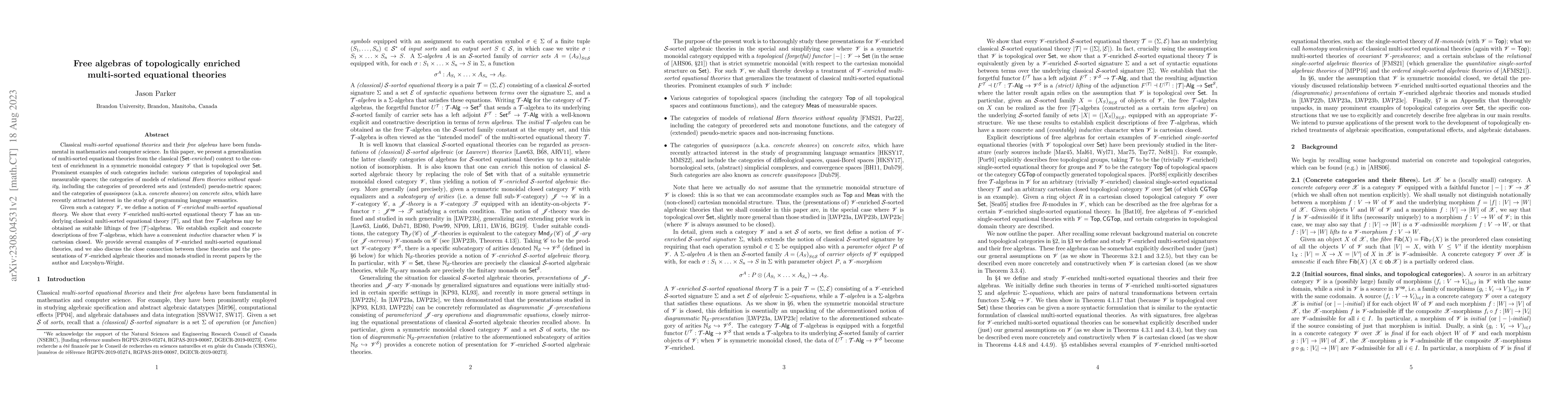 Thumbnail for Free algebras of topologically enriched multi-sorted equational theories
