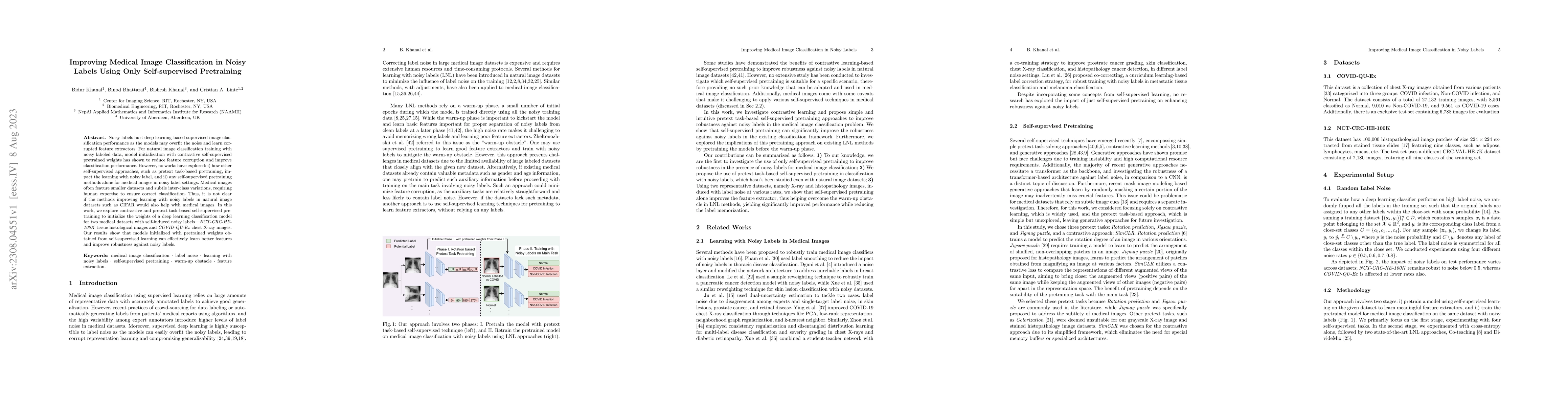 Thumbnail for Improving Medical Image Classification in Noisy Labels Using Only
  Self-supervised Pretraining