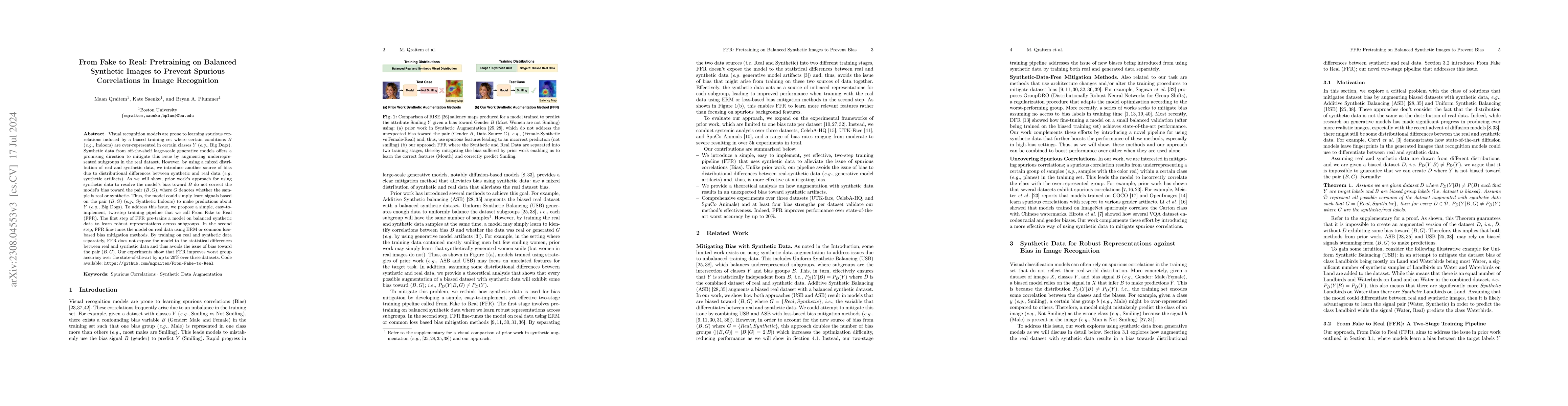 Thumbnail for From Fake to Real: Pretraining on Balanced Synthetic Images to Prevent
  Spurious Correlations in Image Recognition