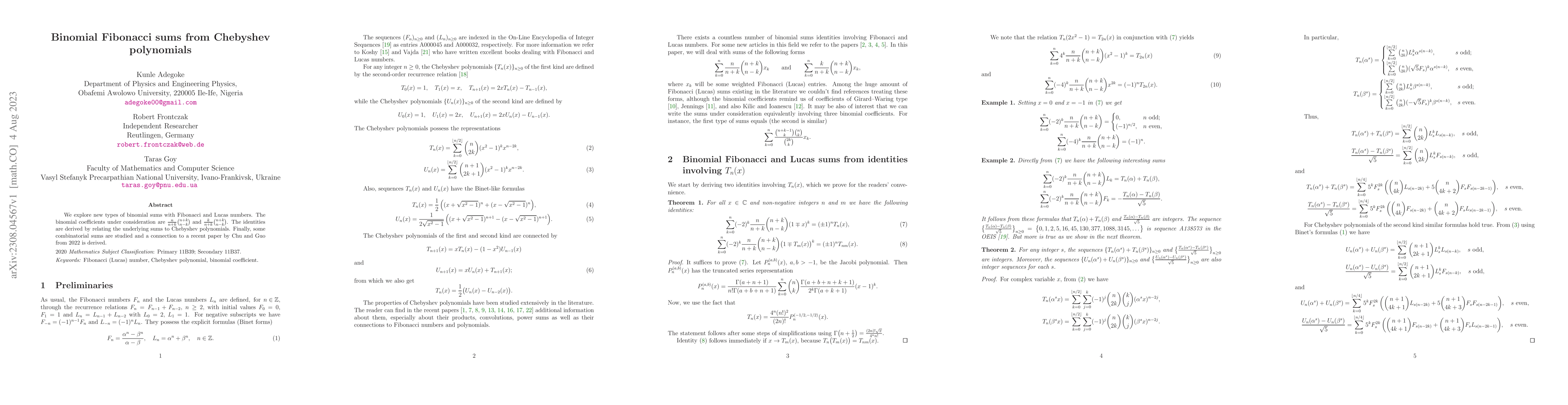 Thumbnail for Binomial Fibonacci sums from Chebyshev polynomials