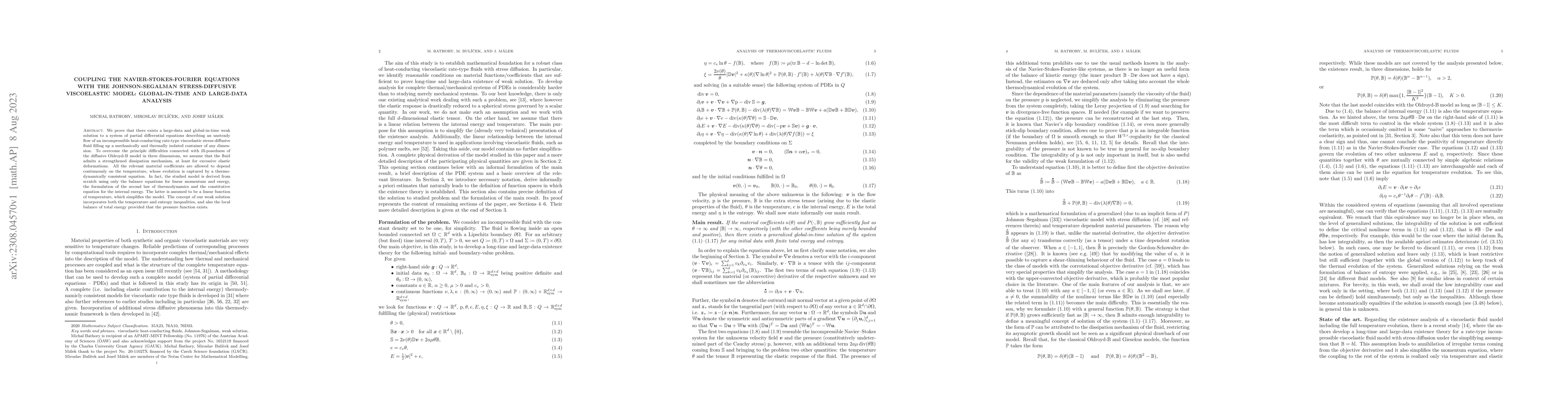 Thumbnail for Coupling the Navier-Stokes-Fourier equations with the Johnson-Segalman
  stress-diffusive viscoelastic model: Global-in-time and large-data analysis