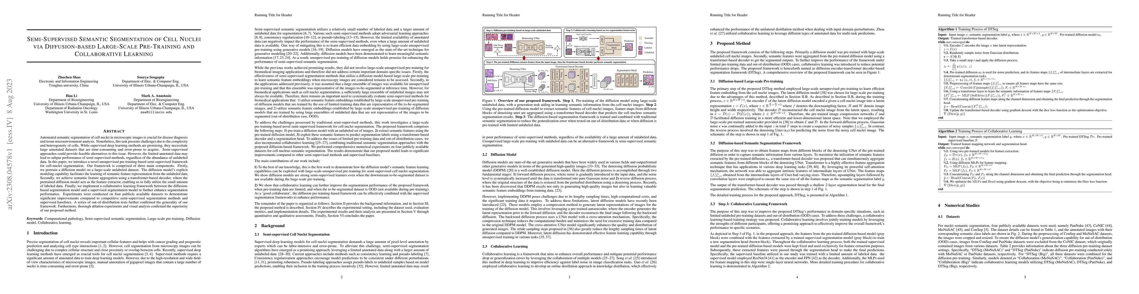 Thumbnail for Semi-Supervised Semantic Segmentation of Cell Nuclei via Diffusion-based
  Large-Scale Pre-Training and Collaborative Learning