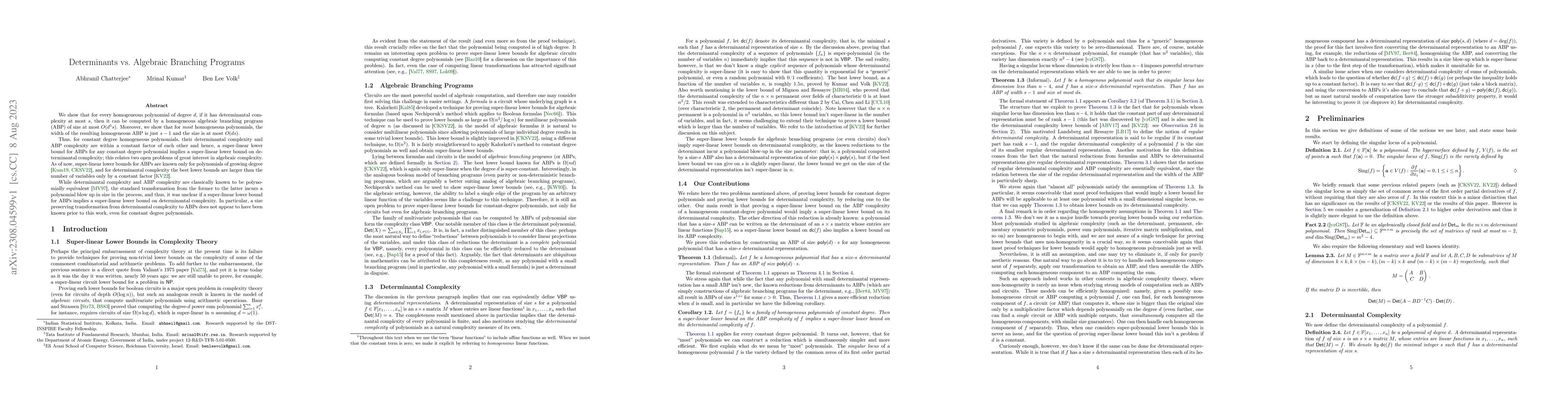 Thumbnail for Determinants vs. Algebraic Branching Programs