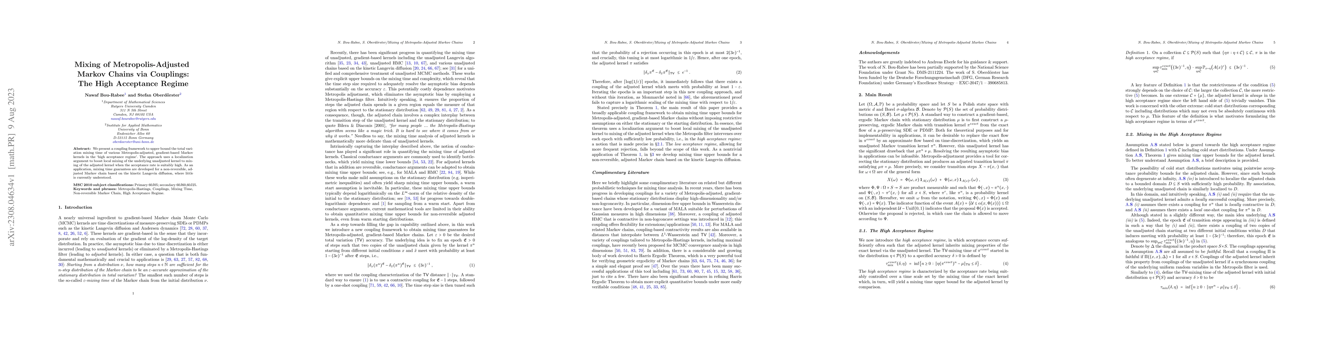 Thumbnail for Mixing of Metropolis-Adjusted Markov Chains via Couplings: The High
  Acceptance Regime
