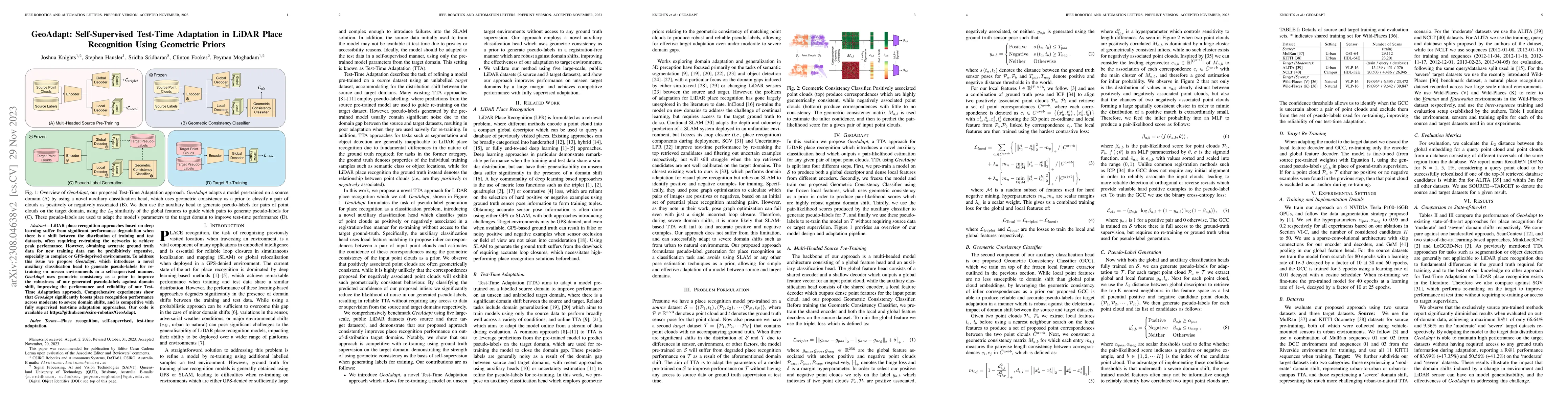 Thumbnail for GeoAdapt: Self-Supervised Test-Time Adaptation in LiDAR Place
  Recognition Using Geometric Priors