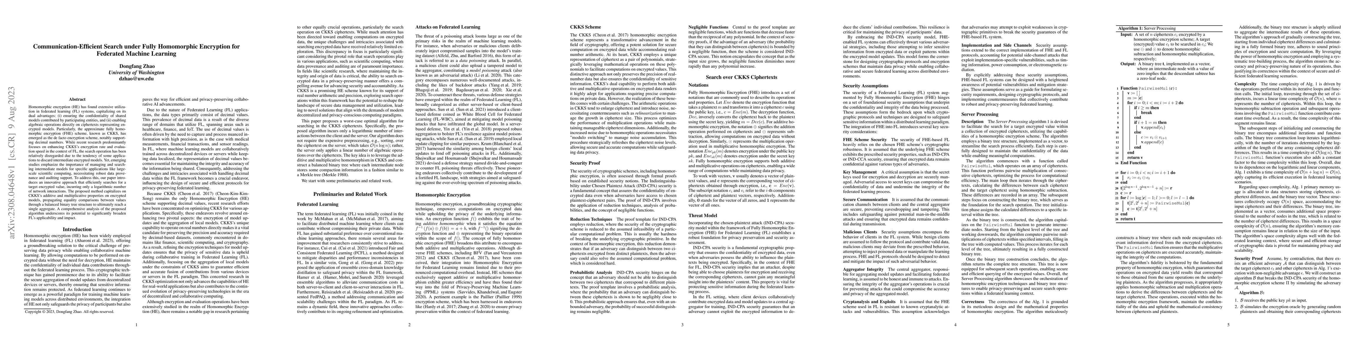 Thumbnail for Communication-Efficient Search under Fully Homomorphic Encryption for
  Federated Machine Learning