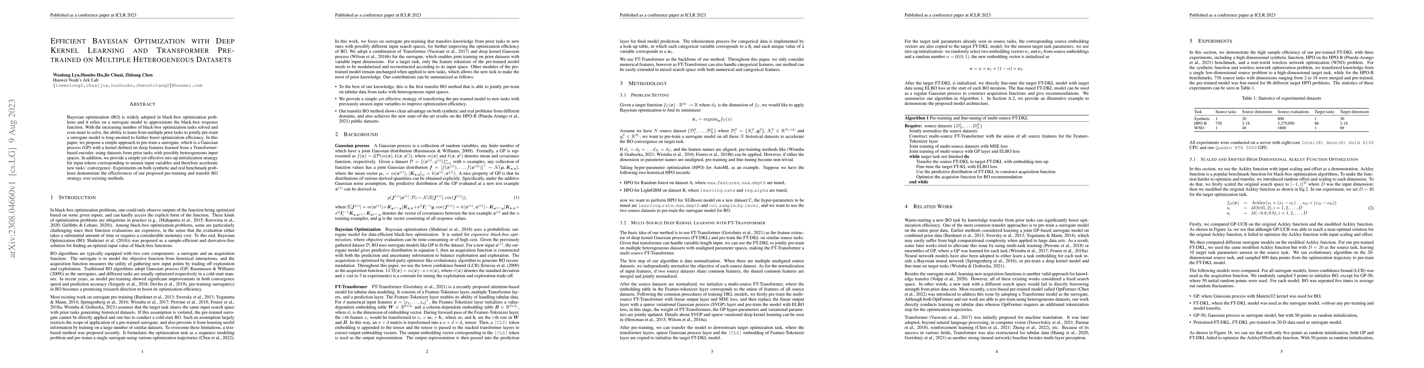 Thumbnail for Efficient Bayesian Optimization with Deep Kernel Learning and
  Transformer Pre-trained on Multiple Heterogeneous Datasets