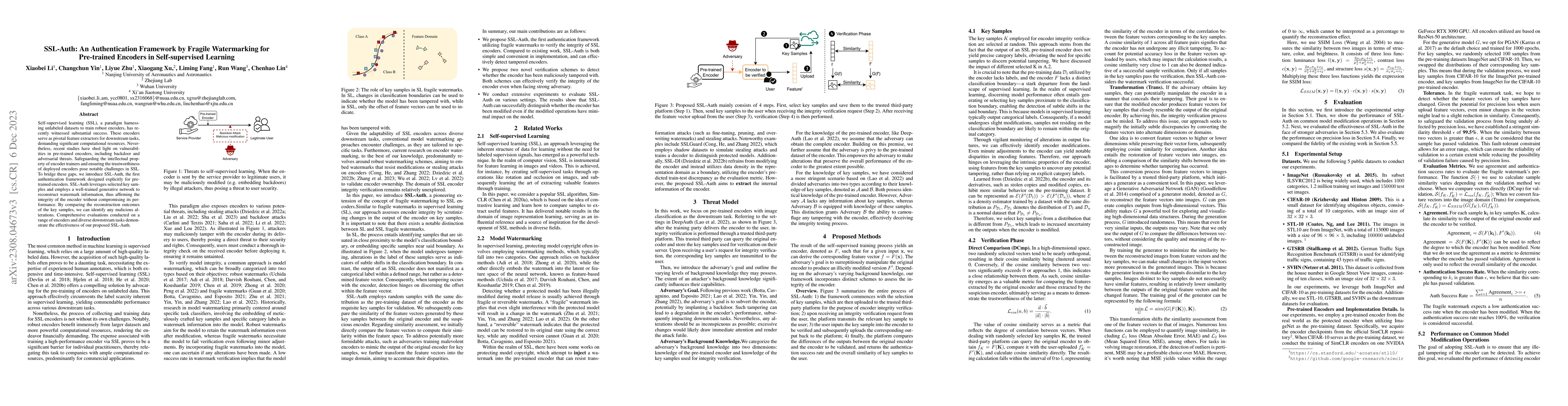 Thumbnail for SSL-Auth: An Authentication Framework by Fragile Watermarking for
  Pre-trained Encoders in Self-supervised Learning